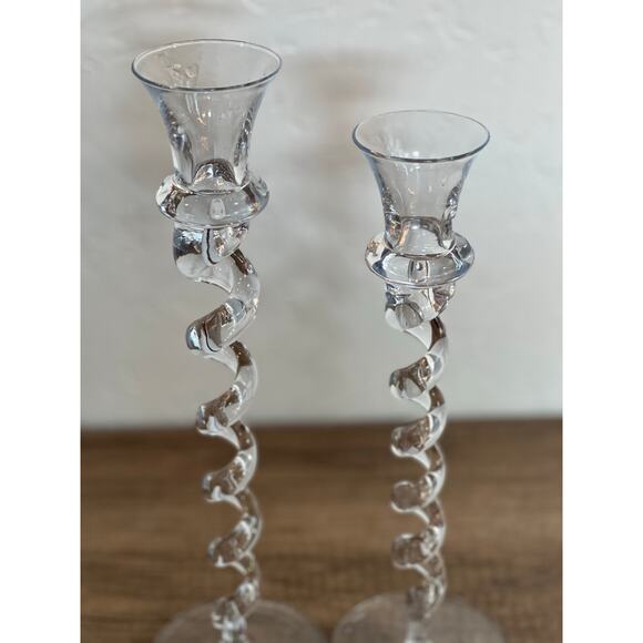 Elegant Clear Glass Spiral Candle Holders Pair – Twisted Design – 10” & 11” - Picture 2 of 10